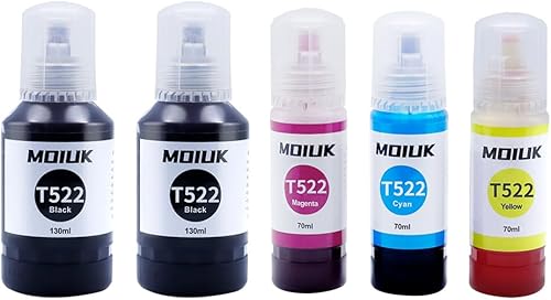 Paquete de 5 botellas de repuesto de tinta T522 522 compatibles con impresoras Epson EcoTank y Workforce ET-2400 a ET-4850, ST-2000 a ST-C4100,