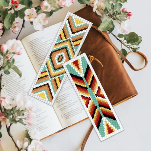 Image of BEUNITONE Cross Stitch Bookmarks Kit 6 Pcs Geometric Pattern DIY Bookmarks Cross Stitch Kits for Beginners Boho Floral Fabric Bookmark Kit Traditional Decorative Counted Knitting Kit 8''x2.4''