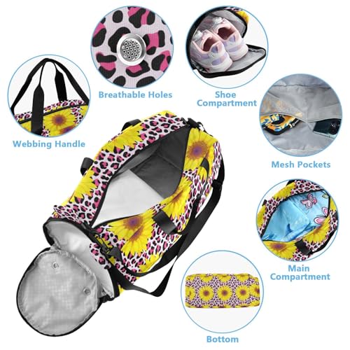Sunflower Leopard Pink Kids Travel Duffel Bag for Boys Girls Overnight Weekend Tote Bag with Shoes Compartment for Beach Swim Trip4