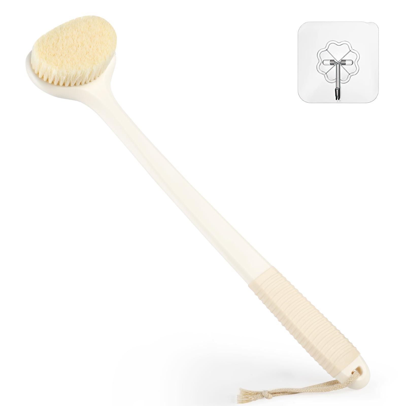 VANZAVANZU Back Scrubber for Shower, Bath Brush with 17-Inch Long Anti-Slip Handle, Wet and Dry Brushing Body Brush for Body Cleansing, Back Brush for Men and Women (Cream White)