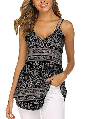 Flowy Tops For Women Floral Print Spaghetti Strap Tank Tops Summer V Neck Paisley Sleeveless Shirts (Black, M) #TOP1