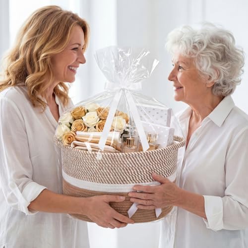 Image of Colingmill Extra Large Graduation Gift Basket Empty with Ribbons Bow Tie Bag, Grad Woven Empty Decorative Box, Woven Rope Storage with Handles Home Decor(15 x 11 x 9.5 Inch, Khaki White)