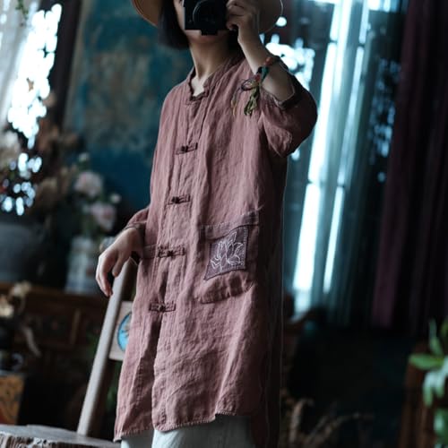 NFYM Women Lightweight Linen Kimono Jacket Frog Buttons Up Embroidery Pocket Vintage Cardigan Trench Coat3