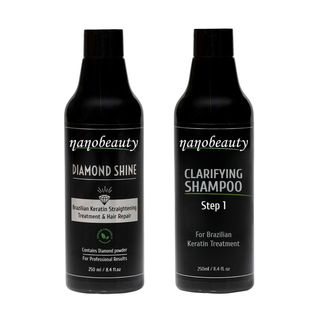 Brazilian Keratin Hair Straightening Treatment Kit, Diamond Infused, 250ml, Vegan, Blow dry, Smoothing/Repair, Argan Oil, Formaldehyde Free Plus 250ml Shampoo