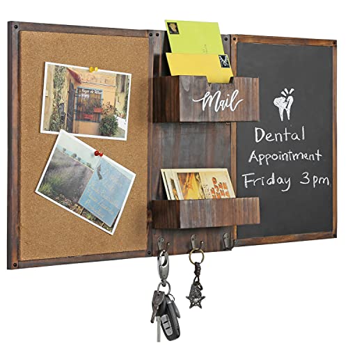 MyGift Rustic Burnt Wood Command Center Wall Organization Set with Chalkboard, Bulletin Cork Board, Mail Slot, Caddy Tray and 3 Key Holder Hooks