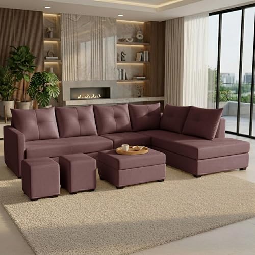 Image of Wood 8 Seater Sofa Set with Ottoman & Stools | Velvet Fabric Upholstery | Modern L Shape Wooden Frame Couch for Living Room, Home & Office (Brown)