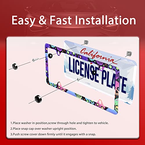 Neon Skulls License Plate Frame Funny Hippie Skull Goth Gothic Plate Holder Stainless Steel Rust-Proof Auto Parts Colorful License Plate Cover Decoration With Screws Size 12.3" X 6.3" For Men Women #TOP2