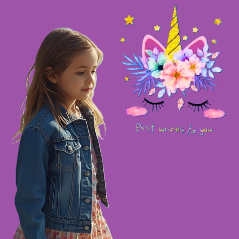 OrJana Veste en jean pour fille avec licorne, bleu denim, décorée de fleurs et d'étoiles, design magique avec broderie arc-en-ciel