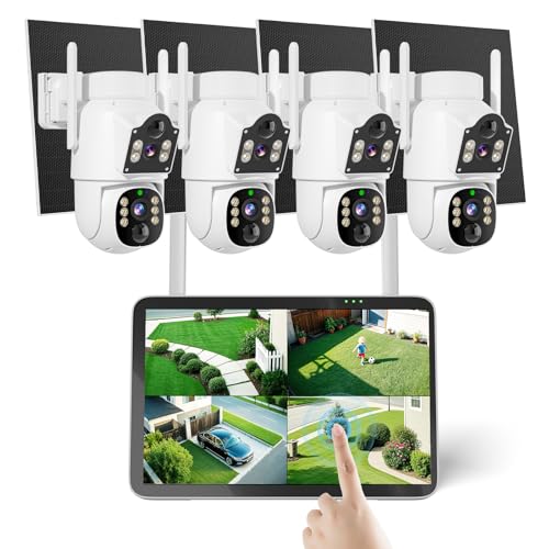 Hiseeu Solar Security Cameras Wireless Outdoor, Auto Tracking Dual-Lens Wireless Cameras for Home Security with 10' Touchscreen, 2.4 & 5GHz WiFi Pro 4MP 4 Cam-Kit, 2 Way Audio, 1TB HDD, 0 Monthly Fee