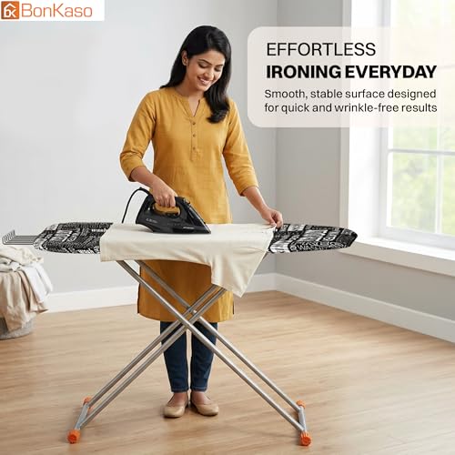 Image of BonKaso Premium Foldable Ironing Board with Adjustable Height & Heat Resistant Iron Rest | Ergonomic Ironing Table with Anti-Skid Legs, Fabric Cover & Foam Padding for Home - Black