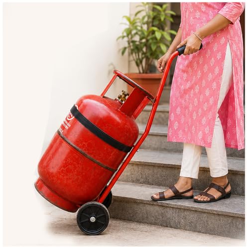 Image of Heavy-Duty Gas Cylinder Trolley with 90cm Long Handle | Step-Climbing Design & 13cm Large Wheels | Metal Bracket with Safety Belt Lock | Trolley Suitable for Home cylinders only.