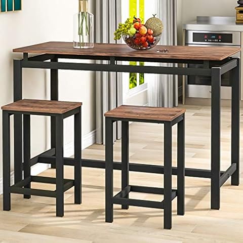 3 Pieces Bar Sets, Kitchen Pub Table and 2 Bar Stools, 3-Piece Metal Frame Breakfast Dining Table Set for Kitchen, Dining Room, Bar, Rustic Brown (Brown) Cover