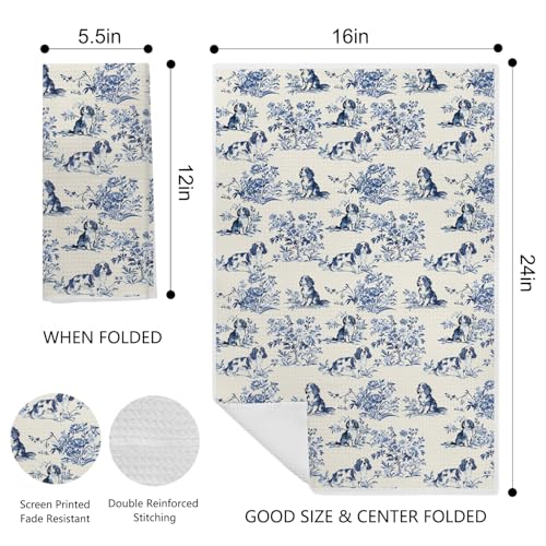 Image of Chinoiserie Cavalier King Charles Spaniel Kitchen Towels, King Charles Cavalier Gifts Dish Tea Towels for Kitchen, Grandmillennial Toile de Jouy Dog Hand Towels for Bathroom, 16x24 Inch