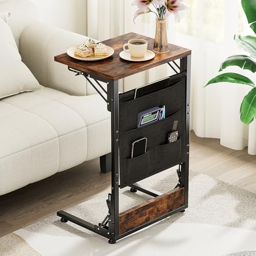 Image of Folding TV Tray Table, 28.8 inch Tall C-Shaped Side Table for Couch and Bed, Slide Under Sofa Side Desk with Storage Bag - Sturdy Metal Frame Tray for Living Room, Bedroom, Home & Office (Rustic Brown)