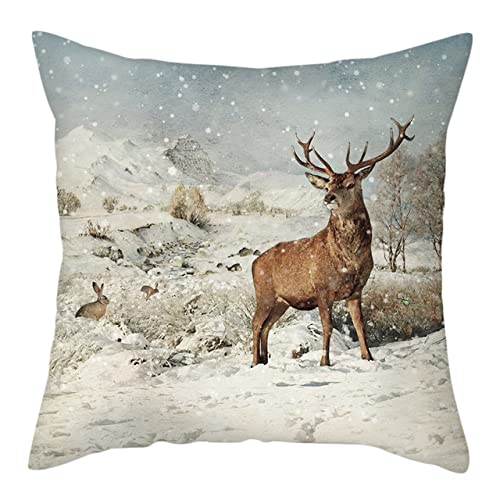 JHTPSLR Christmas Pillow Cover 18x18 - Reindeer On Snowy Land Rustic Cotton Linen Pillow Protectors Winter Landscape Farmhouse Decorative Pillowcase
