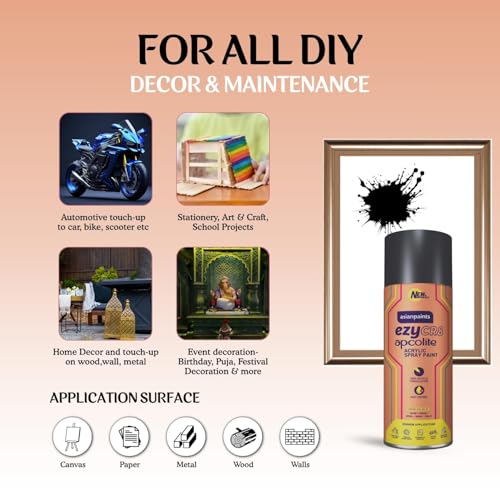 Image of Asian Paints ezyCR8 Apcolite DIY Spray Paint - Black, 400ml, 100% Acrylic | Multi-Surface Use: Metal, Wood & Walls