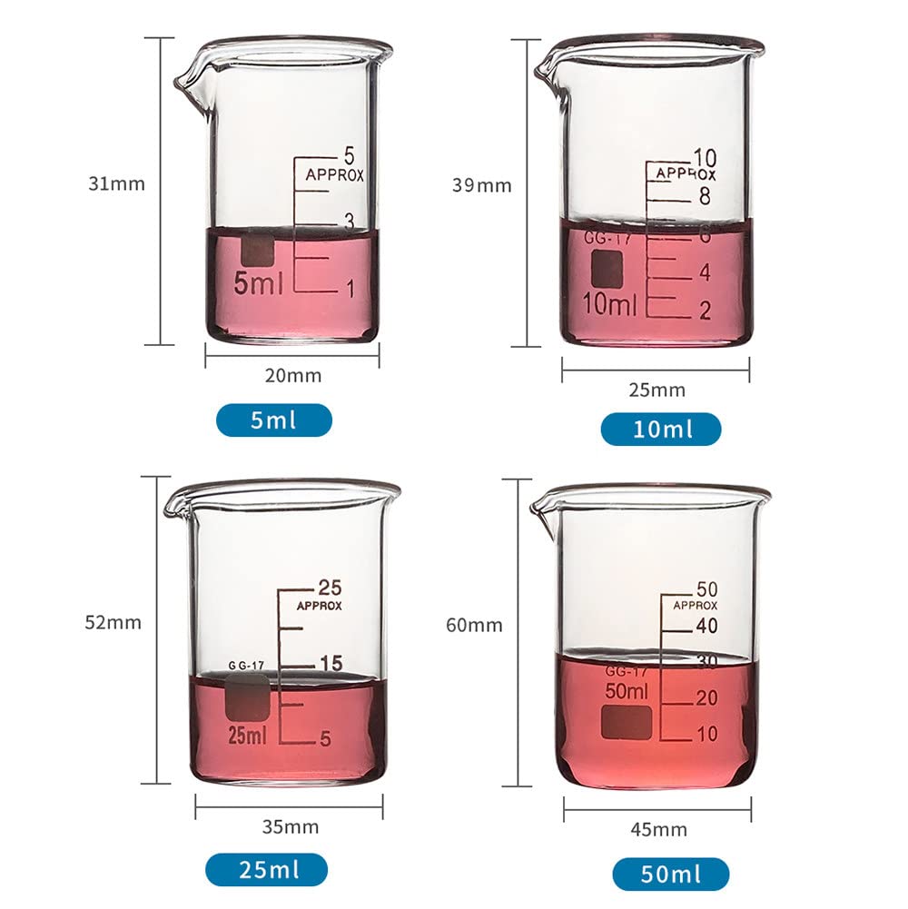 Juego de vasos de precipitados de vidrio, 5 ml, 10 ml, 25 ml, 50 ml, 100 ml, 150 ml, 200 ml, juego de vasos de laboratorio de borosilicato, vaso de medición de vidrio con graduación y pico vertedor,