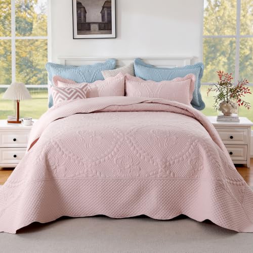Image of EVENHUG Oversized King Bedspreads California King Quilt Set with Pillow Shams Extra Wide Large King Size Quilts Lightweight Coverlet Bedding Sets Pink 120 inchx120 inch