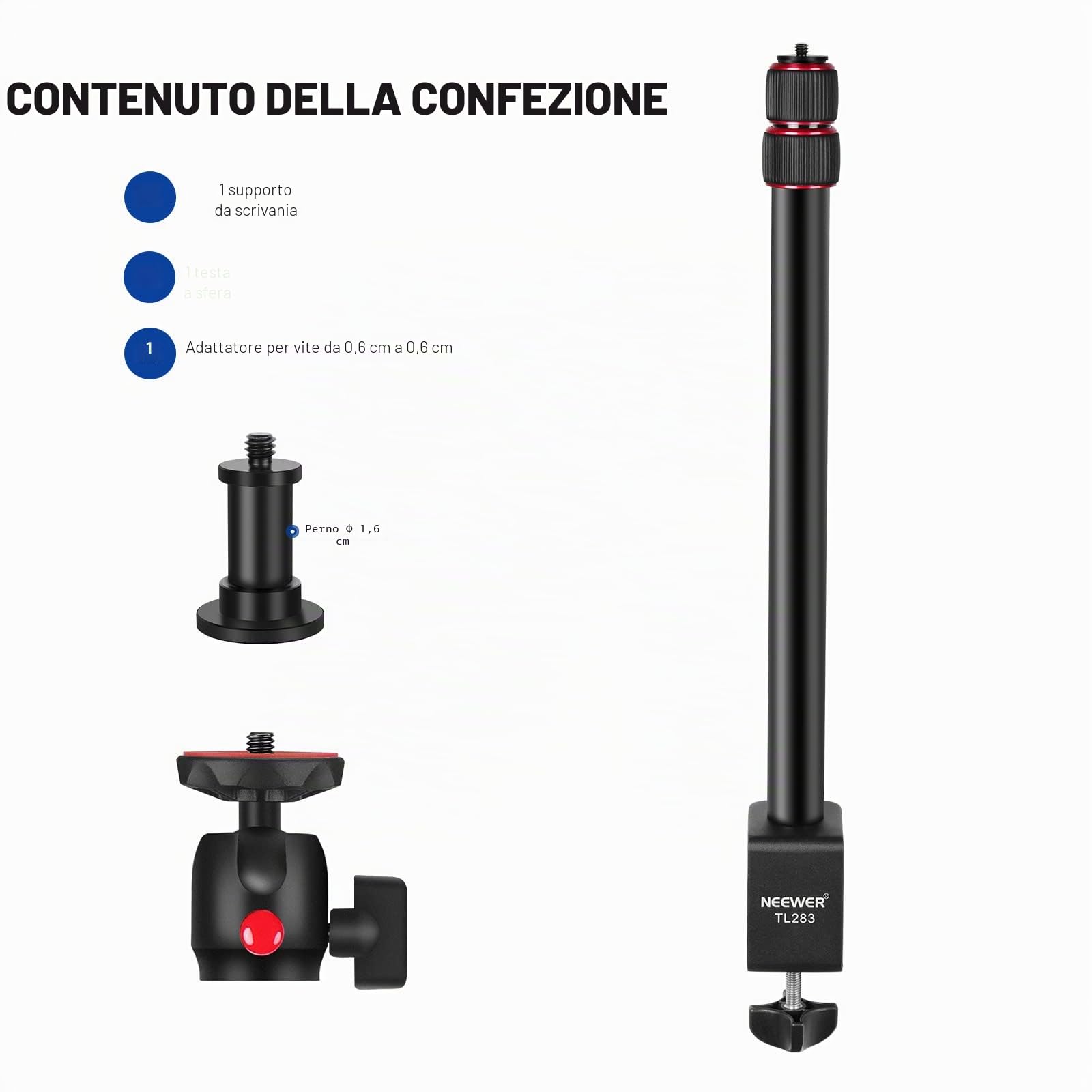 NEEWER Stand Estensibile da Tavolo con 1/4” Testa a Sfera, 43-102cm Regolabile Cavalletto con 1/4” Vite Adattatore & Morsetto-C per Reflex Digitali Luci Anulari Streaming Vlog, Massima Portata 3kg