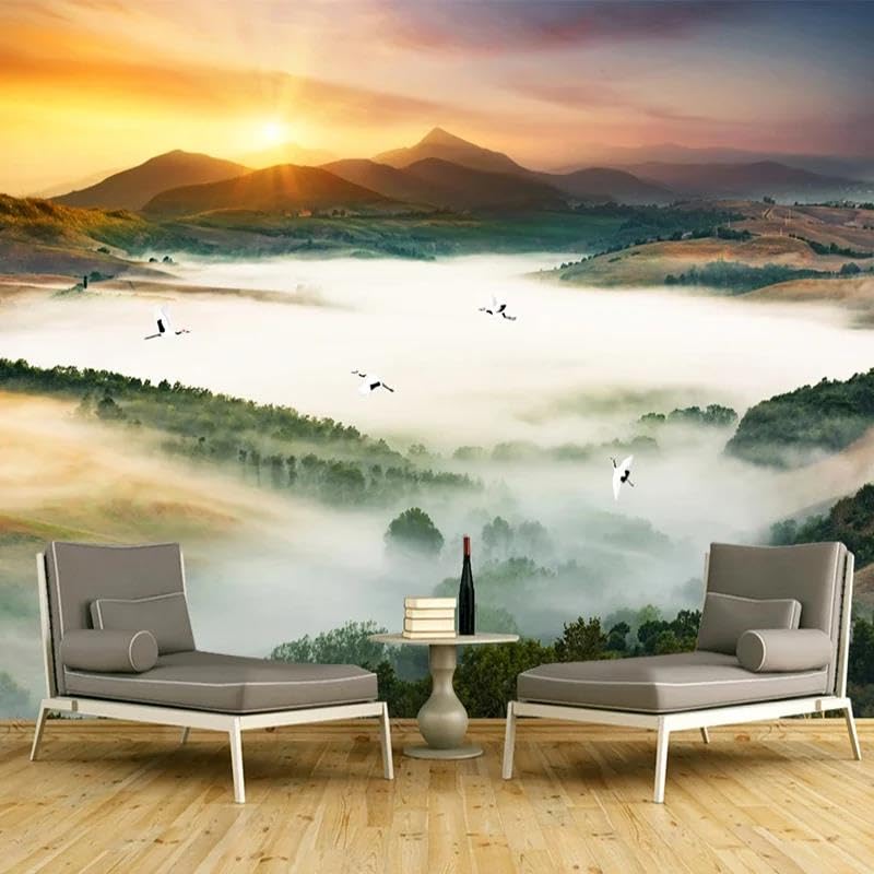 Papier peint 3D paysage nature pour agrandir un salon et mur TV sombre