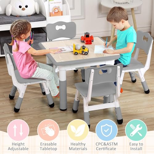 Image of Kids Table and Chairs Set, Height Adjustable Activity Desk (Ages 2-10) - Graffiti & Arts Crafts Desktop with Non-Slip Legs, 300lbs Max Load, Multi-Use for Home, Classrooms & Daycares