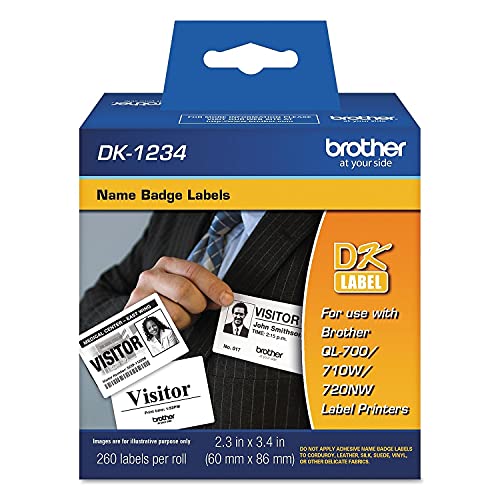 Image of Brother Genuine DK-1234 Die-Cut Adhesive Name Badge White Paper Labels for Brother QL Label Printers, 2.3 inch x 3.4 inch (60mm x 86mm), 260 Labels per Roll, DK1234