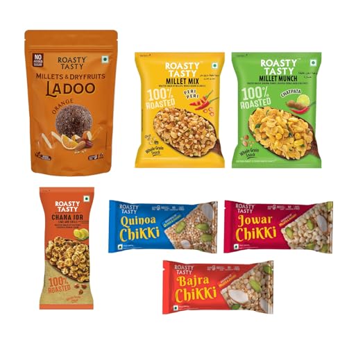 Image of Roasty Tasty Assorted Healthy Snacks & Sweets Combo | Orange Millet Ladoo, Chikki & Roasted Namkeen Mix | Sugar Free Sweets Alternative to Chocolate | Palm Oil Free Snacks for Adults | Healthy Gifting Hamper