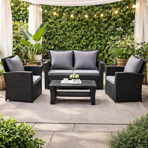 Atenza Polyrattan Gartenmöbel Set 4-teilig, wetterfest Balkon Sitzgruppe mit 2-Sitzer Sofa, 2 Sesseln und Tisch, Gartenlounge mit Sitz- und Rückenkissen für Terrasse & Garten (Schwarz)