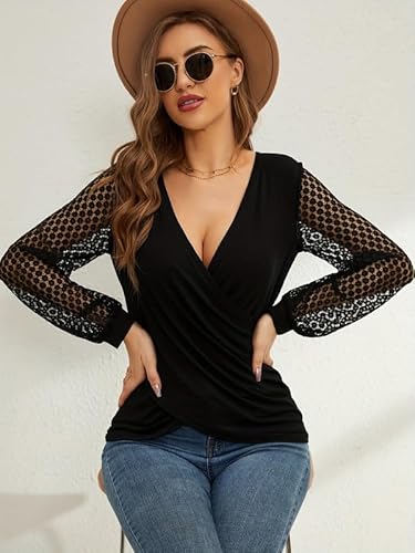 Sukiglam Camiseta Mujer Elegante Manga Larga Encaje Blusa Sexy Cuello en V Cruzado Top Casual Camisa Ajustada Entallado T-Shirt Moderna Túnica Top Otoño Invierno Blusas de Trabajo Boda Fiesta
