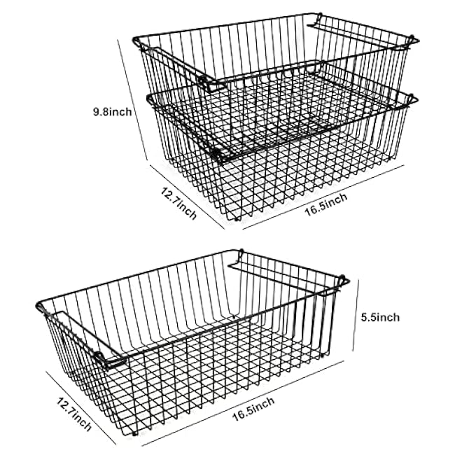 Set of 2 Stackable XXL Wire Baskets For Pantry Storage and Organization -16x12in Large Metal Food Baskets - Pantry Storage Bins With Handles (Black, XXL)