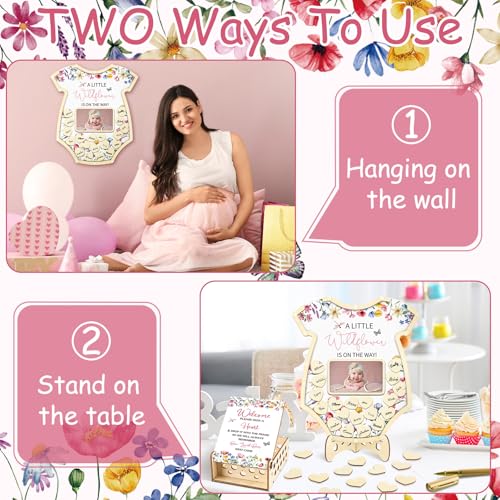 Image of Wenqik 63 Pcs Wildflower Baby Shower Guest Book Alternatives Set Baby Shower Decorations with Photo Frame Sonogram Frame Keepsake 60 Wood Slices Guest Book for Birthday