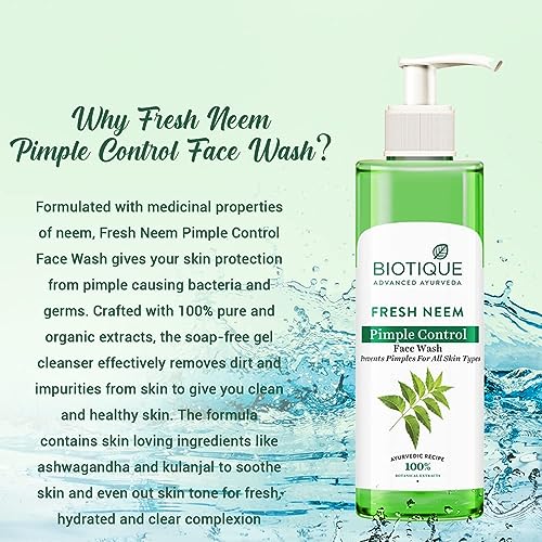 Image of Biotique Fresh Neem Pimple Control Face Wash| Ayurvedic and Organically Pure| Prevents Pimples |100% Botanical Extracts| Suitable for All Skin Types | 200mL