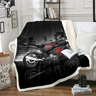 Motorcycle Pattern Fleece Blanket Cool Black Red Motorbike Sherpa Throw Blanket for Sofa Couch Extreme Sports Theme Warm Plush Blanket Modern City Building Fuzzy Blanket Decor Double 60inx79in