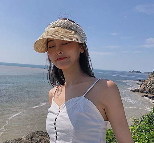 Women's Visor Beach Hat Packable Straw Hat Summer Straw Sun Hat With Decoration Pearl #TOP6