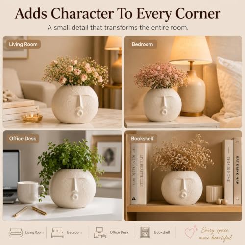 Image of Ceramic Face Vase for Home Decor, 6 Inch Modern Abstract Nordic Planter Vase for Flowers, Pampas Grass & Creepers, Decorative Tabletop Accent for Living Room, Office & Gifting