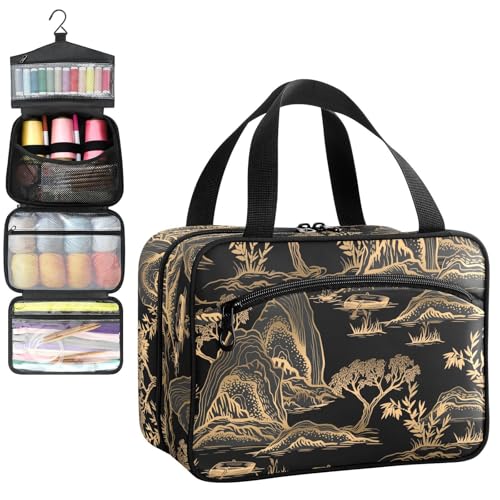 YNNALE Sewing Supply Organizer Bag, Chinoiserie Black and Gold Mountain River Landscape Portable Sewing Bags with Pockets&Hanger, Sewing Storage Box Case for Sew Supplies/Kit/Tools/Accessories