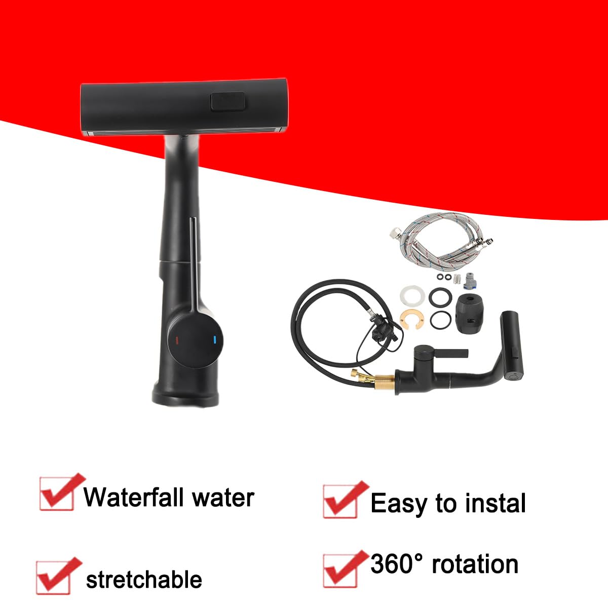 Küchenarmatur Schwarz Wasserhahn Spüle, Wasserfall Armatur Küche Faucet Heizung Wasserfall Ausziehbarer mit 60cm Schläuchen, LED Temperaturanzeige, Anhebbare Arm
