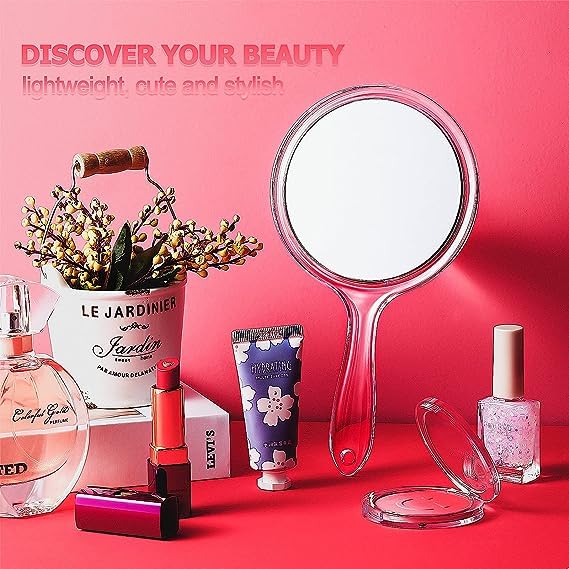 Image of Glass 2 Way(Magnifying & Regular) Handle Mirror for Make Up and Grooming,5 inch Dia Display, Round, Hand Mirror, Transparent