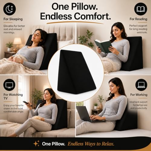 Image of Memory Foam Orthopedic Wedge Pillow for Back, Neck, Leg Support, Pregnancy, GERD, Acid Reflux, Snoring & Post-Surgery Relief - Soft Washable Velvet Cover - Black (46 x 52 x 46 CM)