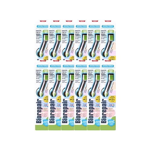 Biorepair, Spazzolino JUNIOR Medio Soft, Per Bambini 6-12 Anni, Con Setole ad Alta Densità, Garantisce Comfort ed Efficacia, Curve Brevettato, Protezione Antibatterica, Confezione da 12
