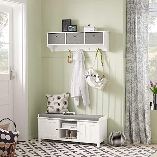 SoBuy FRG282-W, Wall Coat Rack Wall Shelf Wall Storage Cabinet Unit with 3 Baskets 5 Hooks, White