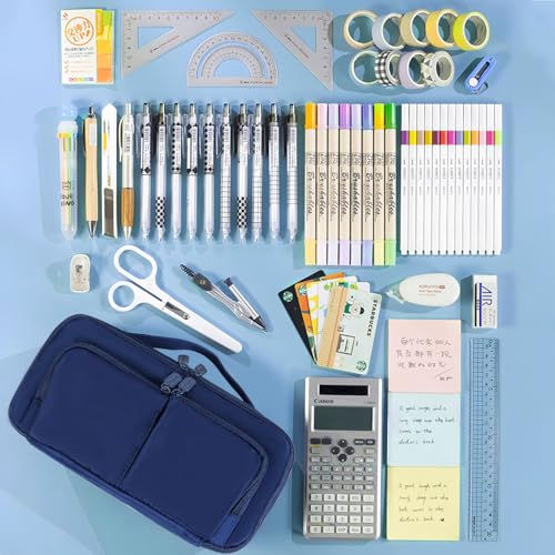 Image of Pencil Case Large Capacity Pencil Pouch Pen Bag with Handle, Portable Pencil Case Pencil Bags with Zipper Student Stationery Bag for Girls and Boys Teen Adults Men Women (Navy Blue)