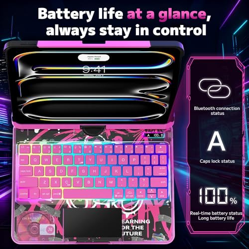 Image of Clear Keyboard Case for iPad Pro 13 inch (M4 /M5 2024 /2025),360 Swivel Multi-Touch Trackpad, with Wireless Bluetooth 3-Brightness &7-Color Backlit, Pencil Holder and Keyboard Shortcuts Pink