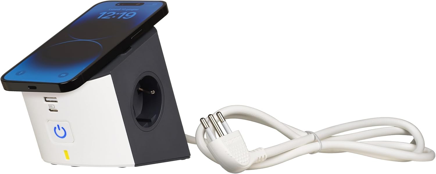 BTICINO Multipresa Desktop S3714DBUW, Multipresa Elettrica 5 Posti, Caricatore Wireless 15W, Prese USB A+C, 2 Prese Schuko, Ciabatta Elettrica con Interruttore e Led, Spina Piccola 10A, Cavo 2 Metri