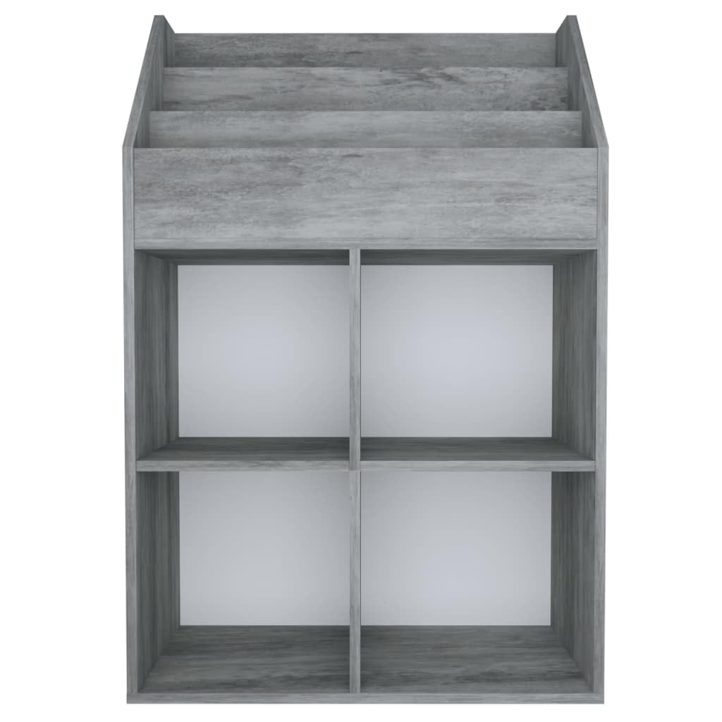 Drewniany stojak na czasopisma Ingenierie Szary Beton 71x30x114cm | 3 przegródki na książki, 4 otwarte przegródki, trwałe, czyszczenie na mokro