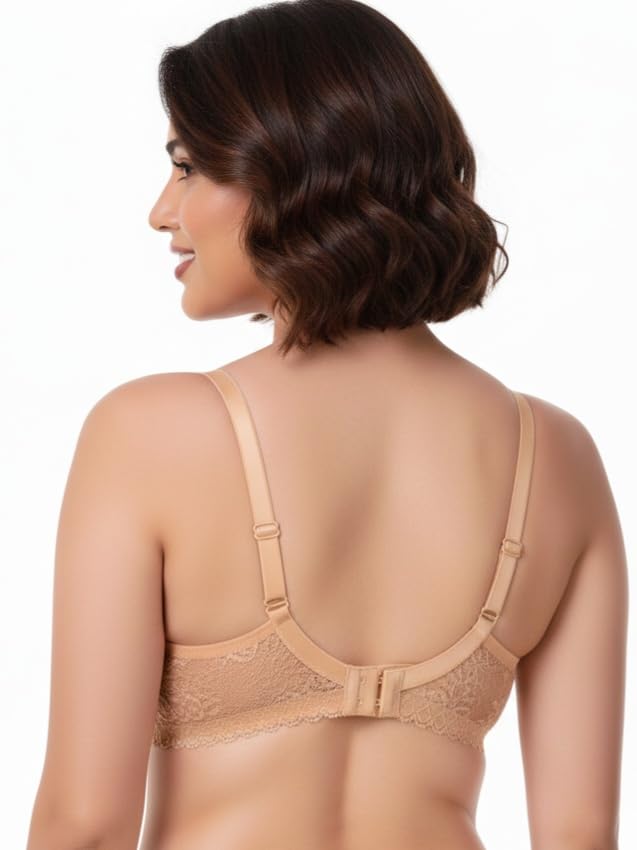 Image of Premium Women's Floral Lace Non-Padded Full Coverage Bra - Wire-Free Support Bralette in Nude