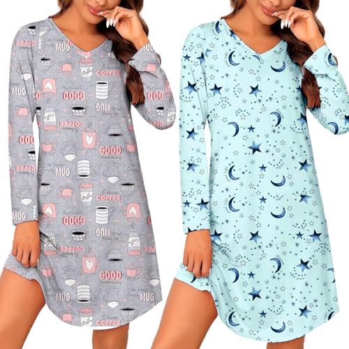 Marvmys 2 Pack Nightgowns for Women Long Sleeve Night Shirts Sleepwear V Neck Night Gown for Adult Women S-3XL Coffee Cup & Star Print Large