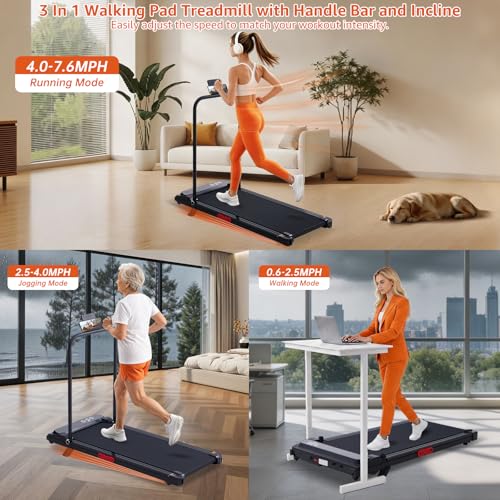 Image of Walking Pad Treadmill with Handle Bar, 3.0HP Portable Electric Treadmills for Exercising, 0.6-7.6MPH Mini Walking Pad Treadmill with Incline, Under Desk Treadmills for Home Small, 350LBS