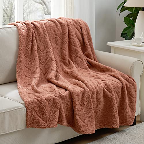 Cozy Bliss Sherpa Throw Blanket, Leaf Textured Bed Cozy Blanket Super Soft And Lightweight Fleece Blanket Warm For Couch Sofa,Fuzzy And Decorative Blanket, 60"X80"Cosmic Rust #TOP13