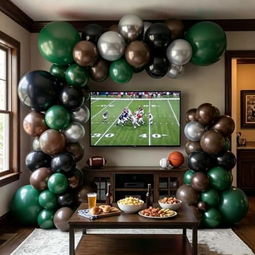 Image of Black Green Balloon Arch Double Stuffed Latex Dark Green Brown Silver Balloon Garland for Boy Baby Shower Birthday Football Camo Hunting Jungle Anniversary Prom Praty Decor